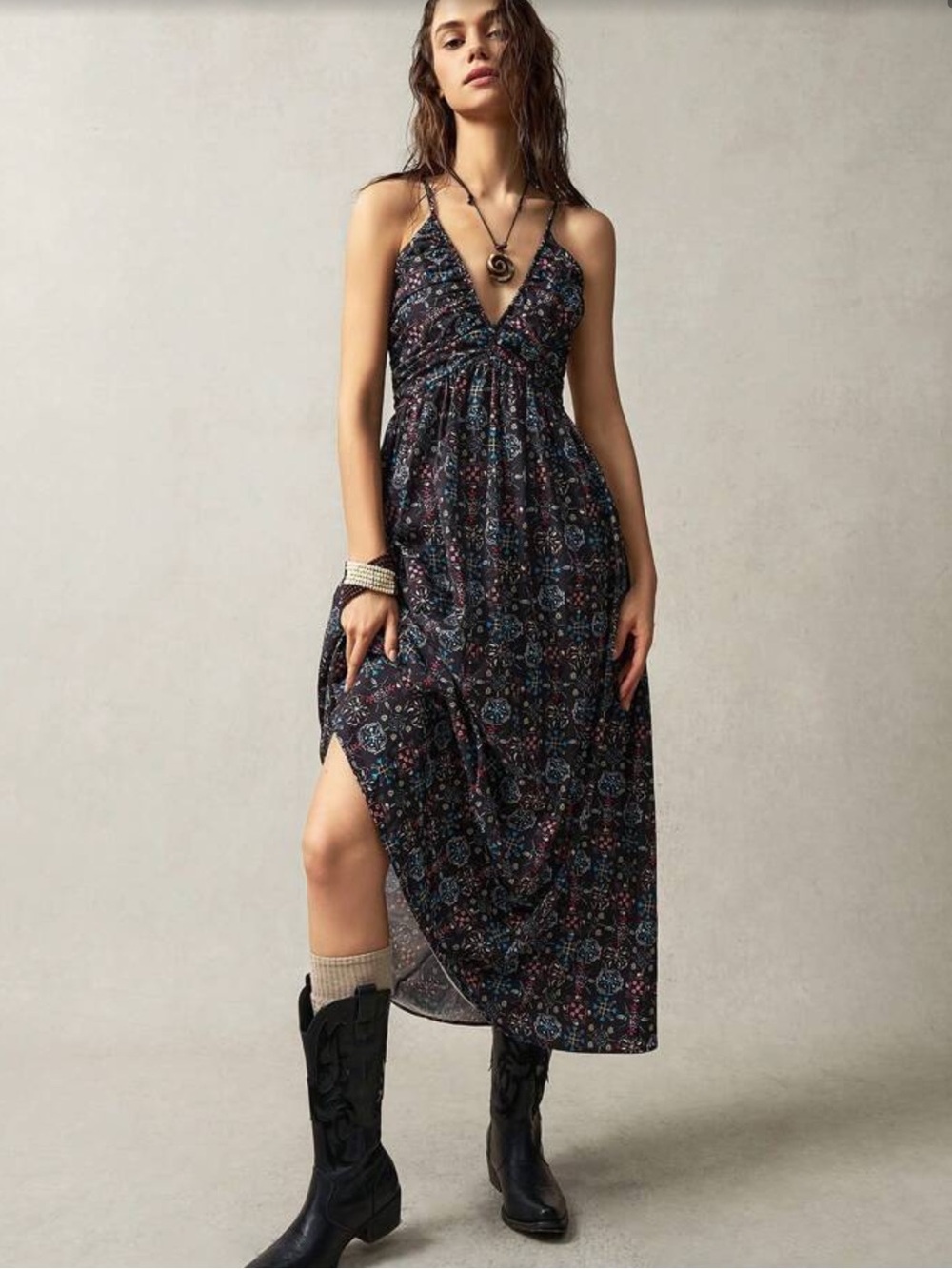 SHEIN Black Floral Print Spaghetti Strap Maxi Dress